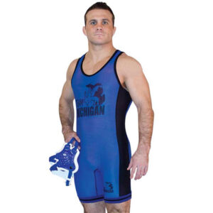 2 singlets in 1. Moisture wicking Lycra reversible singlet (Scarlet/Royal Blue) with Black Rib-knit neck, arm and leg trim, Black lycra side panels (both sides). Great for tournaments. Standard leg cut. Now available with sublimated lettering! (black only)